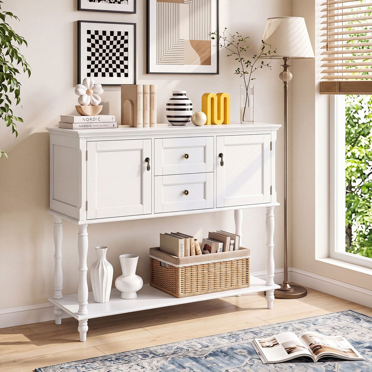 Console Table with 2 Drawers and 2 Door Cabinets for Entryway-White