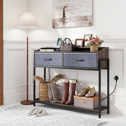 Console Table with Charging Station 110cm Entryway Table with 2 Drawers-Grey
