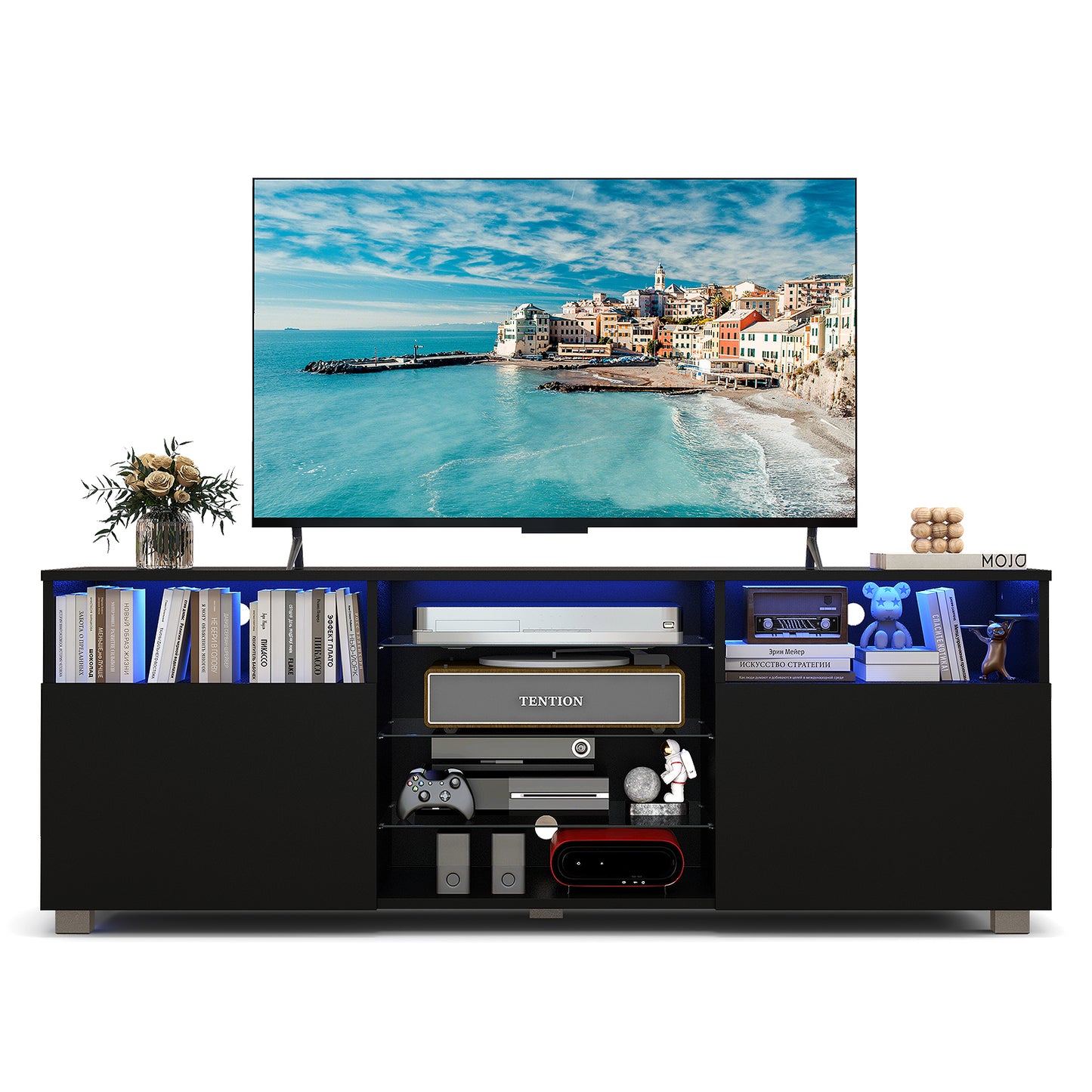 Console TV Stand for TVs up to 65 Inches with LED Lights and 2 Doors-Black