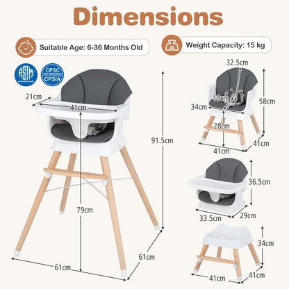 Convertible High Chair for Babies and Toddlers with Adjustable Tray-Grey