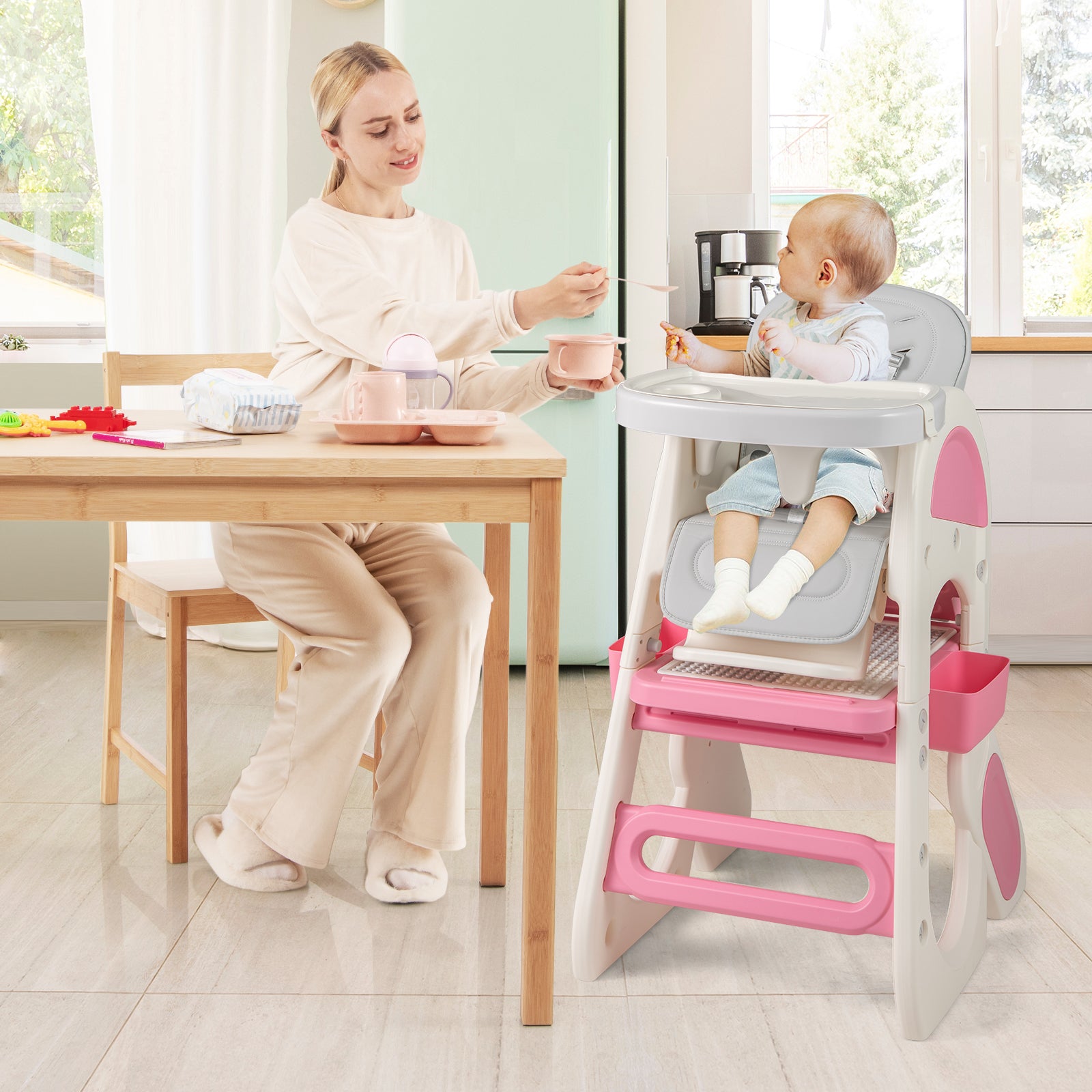 Convertible Baby High Chair with Double-layer Tray and Adjustable Backrest-Pink