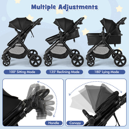 2-in-1 Convertible Baby Stroller with Reversible Seat and Adjustable Canopy-Black