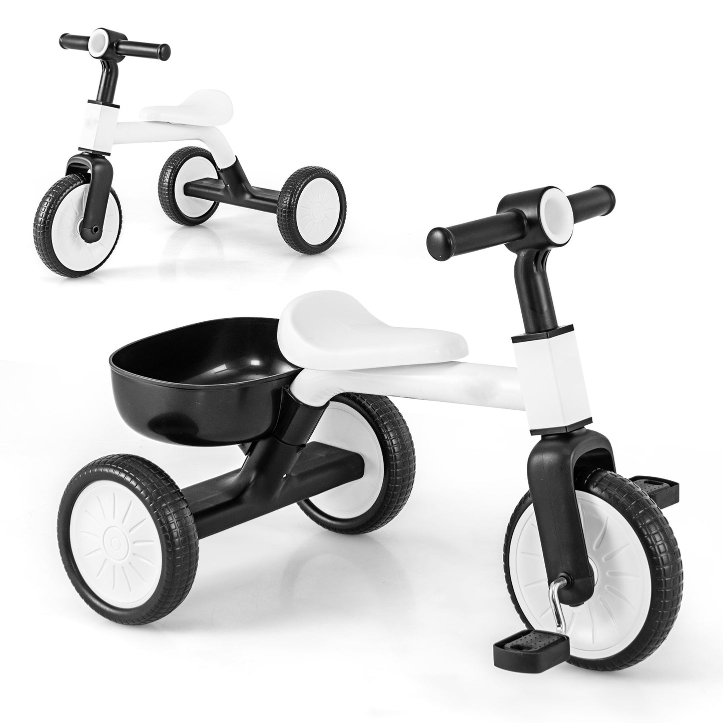 Convertible Kids Tricycle Toddler Trike with 86° Limited Steering Angle-White