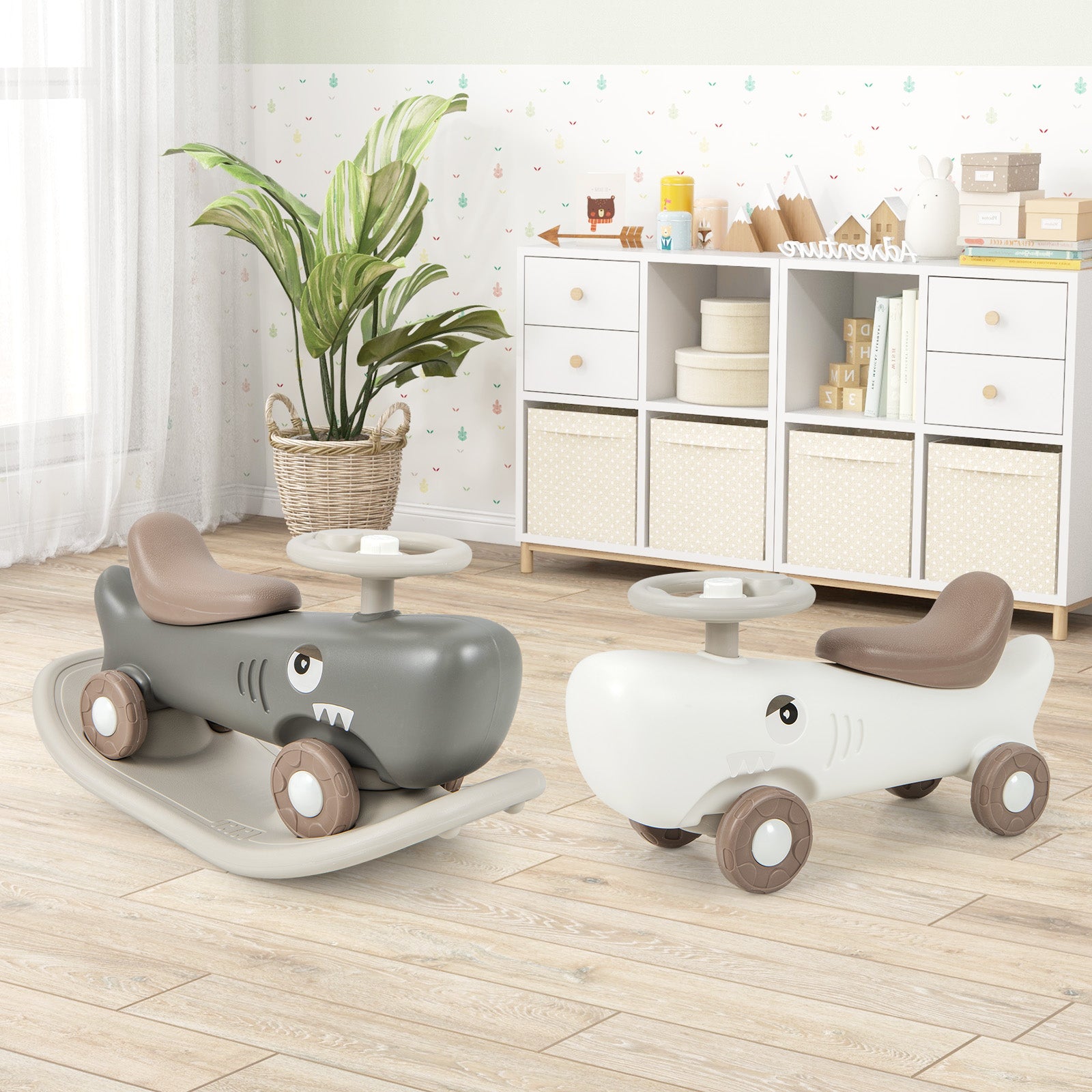 Kids 3-in-1 Convertible Rocking Horse and Sliding Car for Indoor Outdoor Use-White