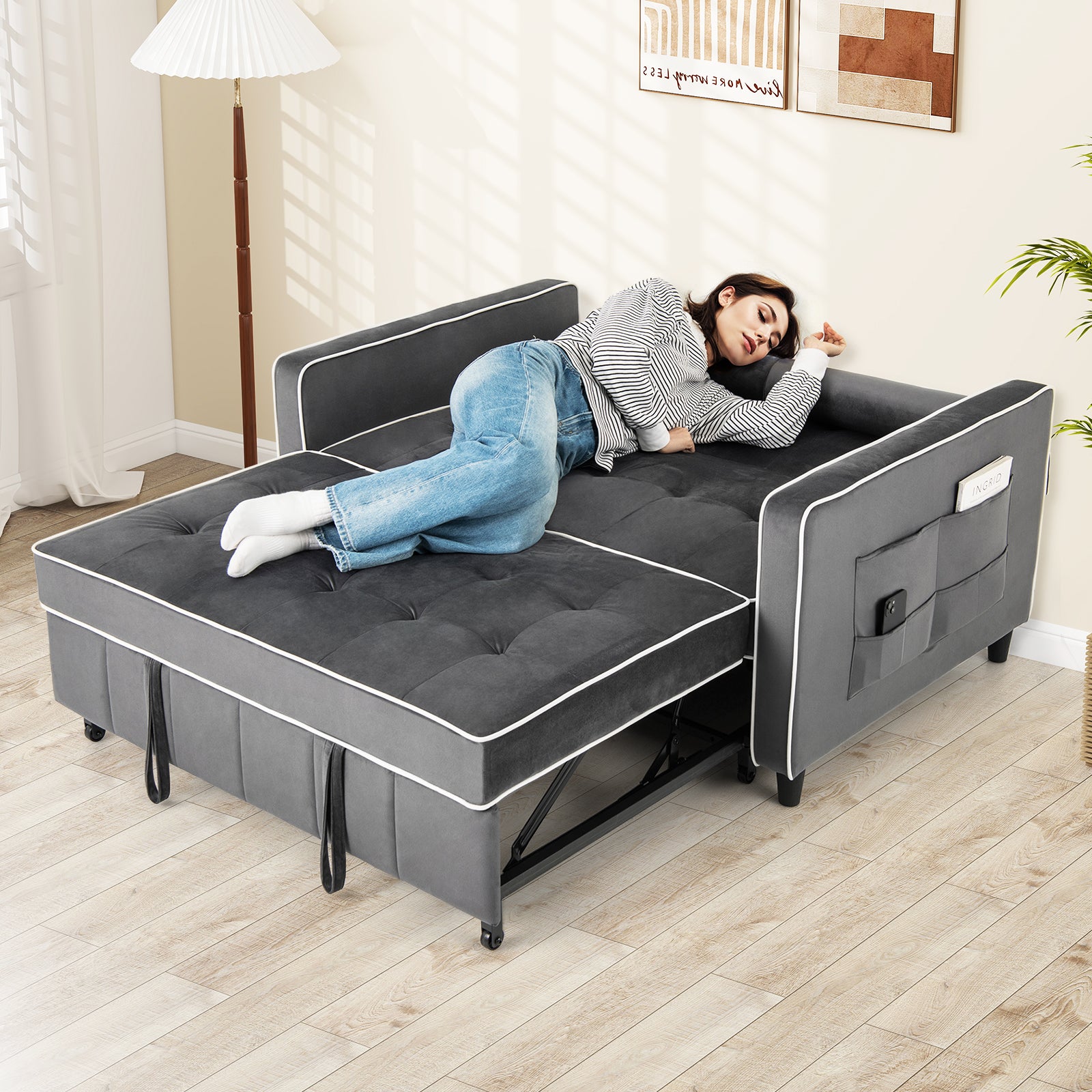 3-in-1 Convertible Sleeper Sofa Bed Pull Out Couch Bed-Grey