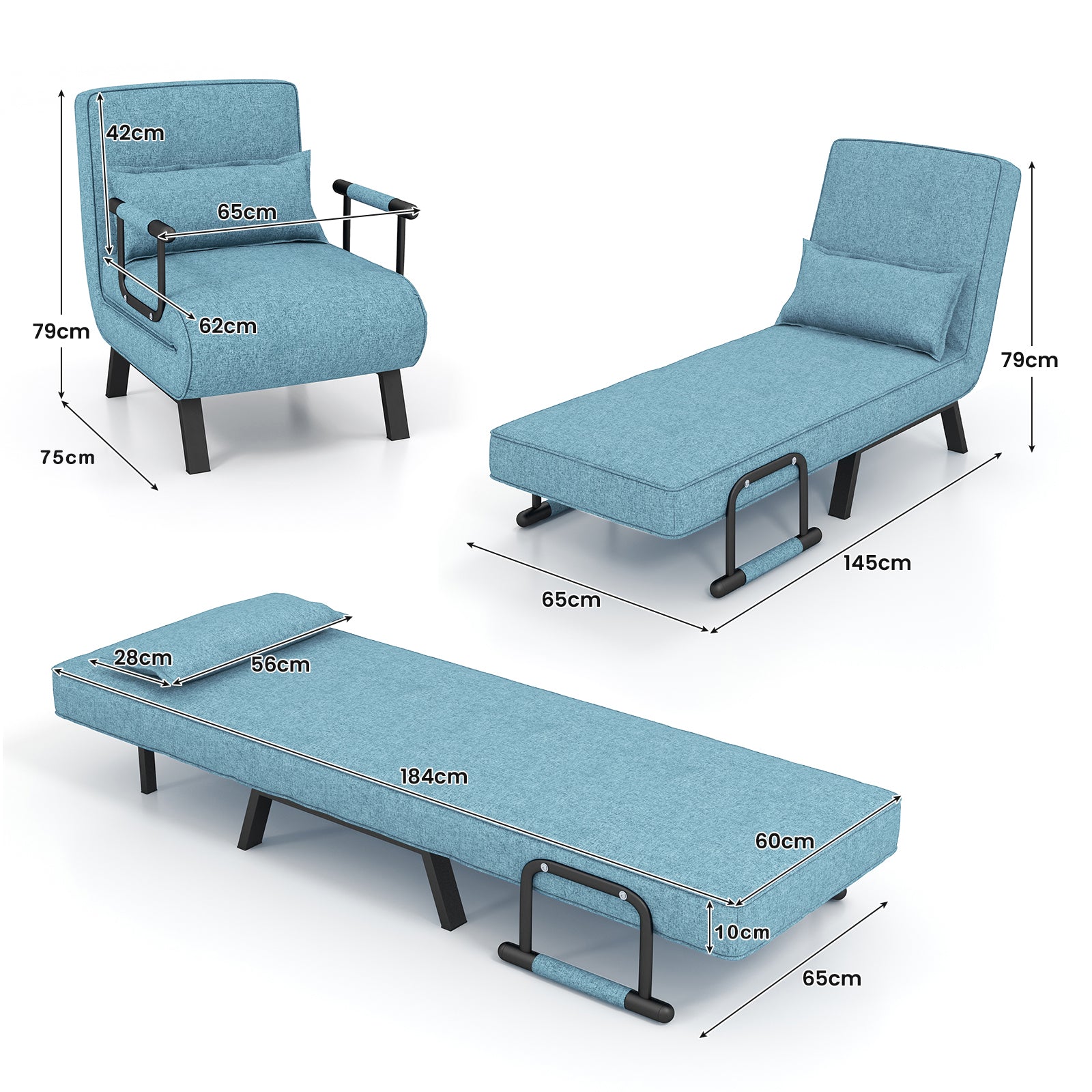 Convertible Sofa Bed 4-in-1 with 6-Position Adjustable Backrest-Lake Blue