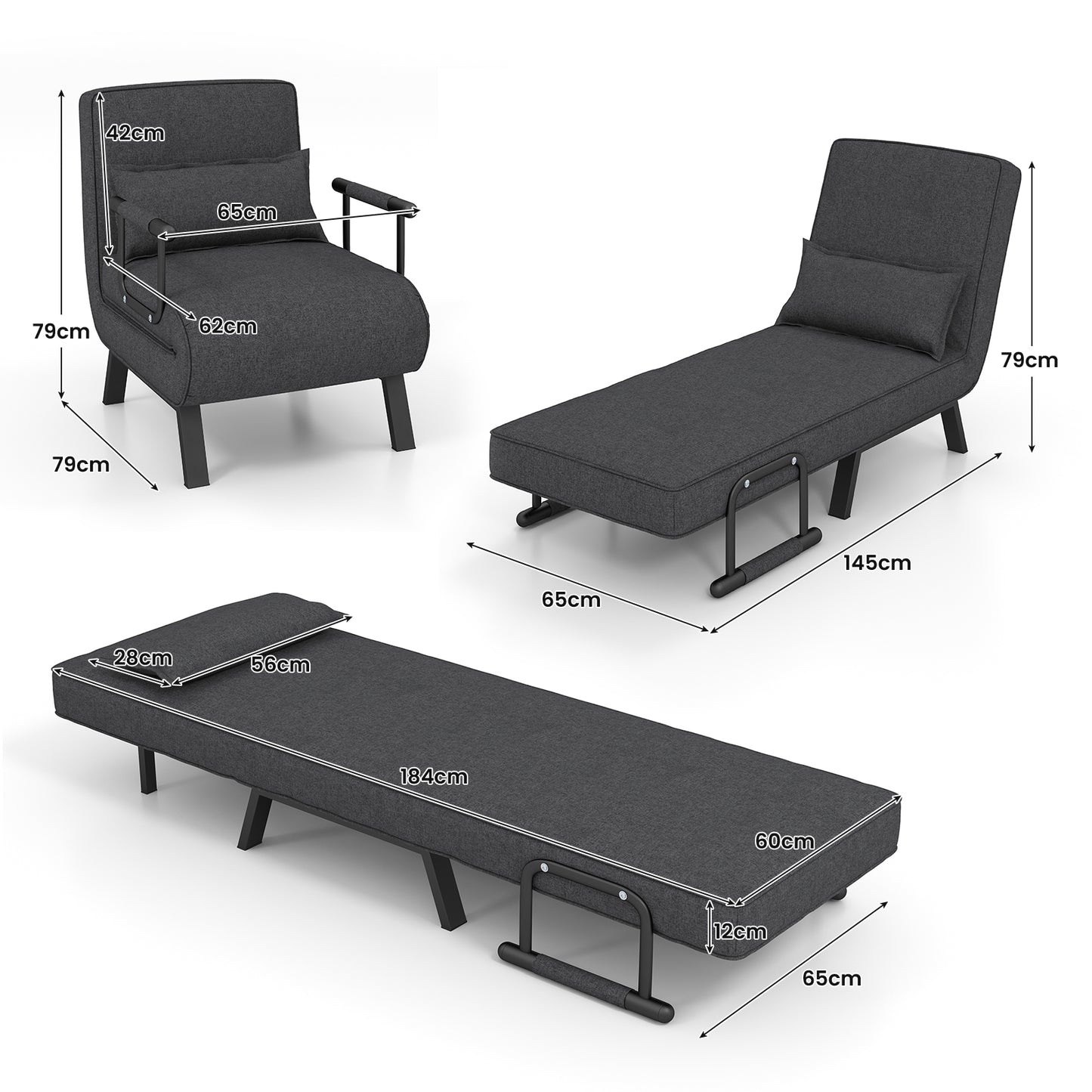 Convertible Sofa Bed 4-in-1 with 6-Position Adjustable Backrest-Dark Grey