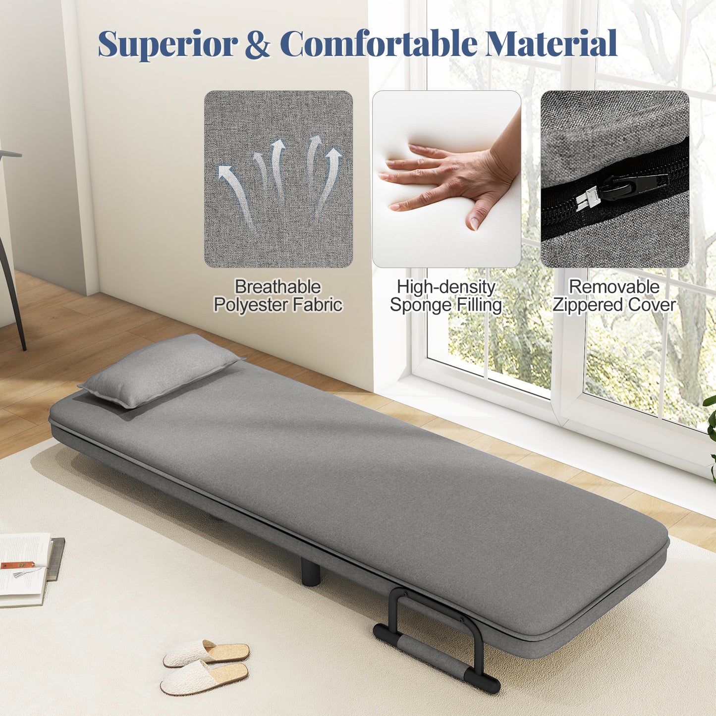 3-in-1 Convertible Sofa Bed with 5-Position Adjustable Backrest-Light Grey