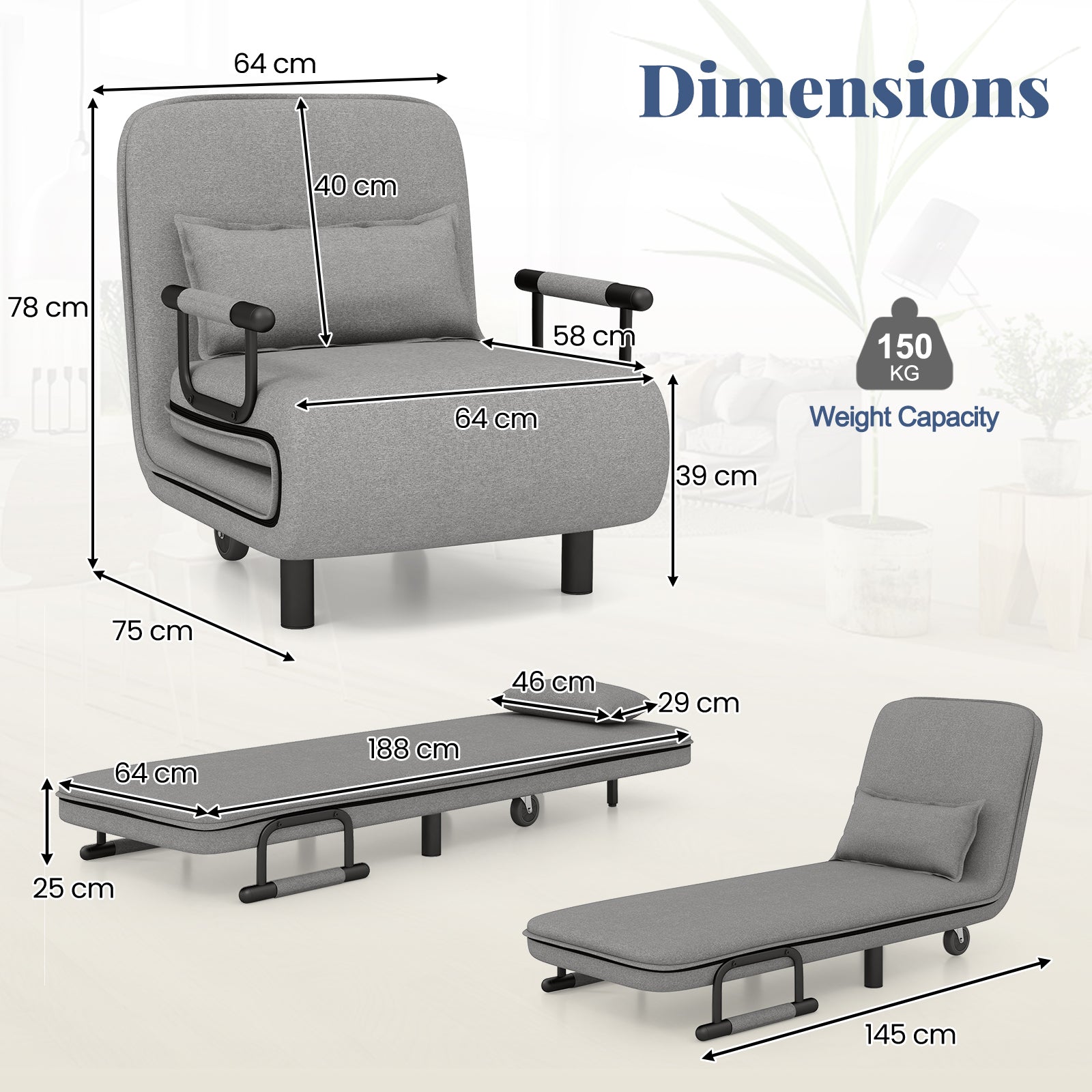 3-in-1 Convertible Sofa Bed with 5-Position Adjustable Backrest-Light Grey