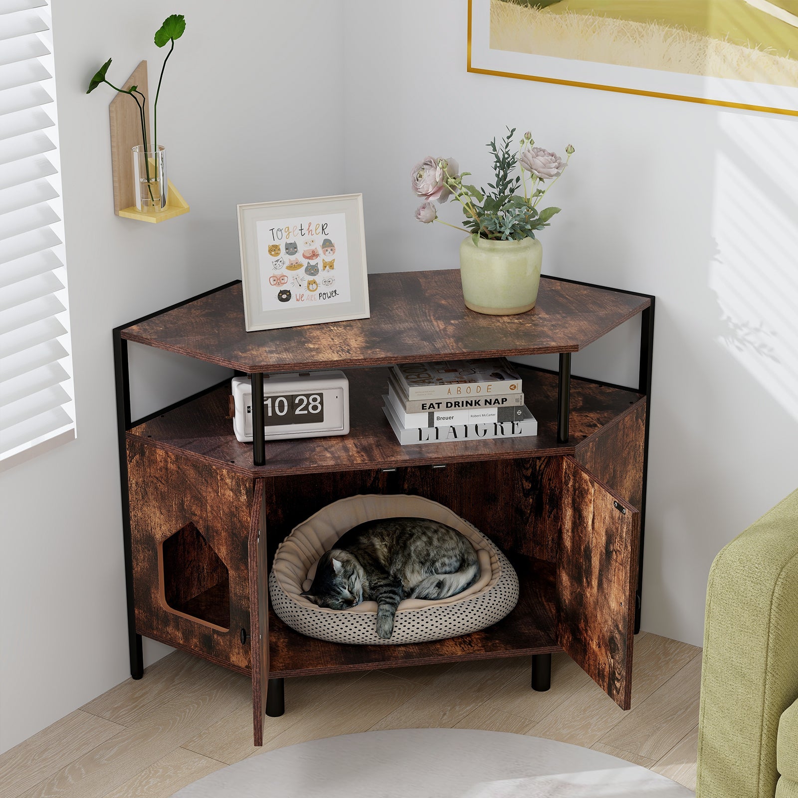 Corner Cat Litter Box Enclosure with Open Shelf-Rustic Brown