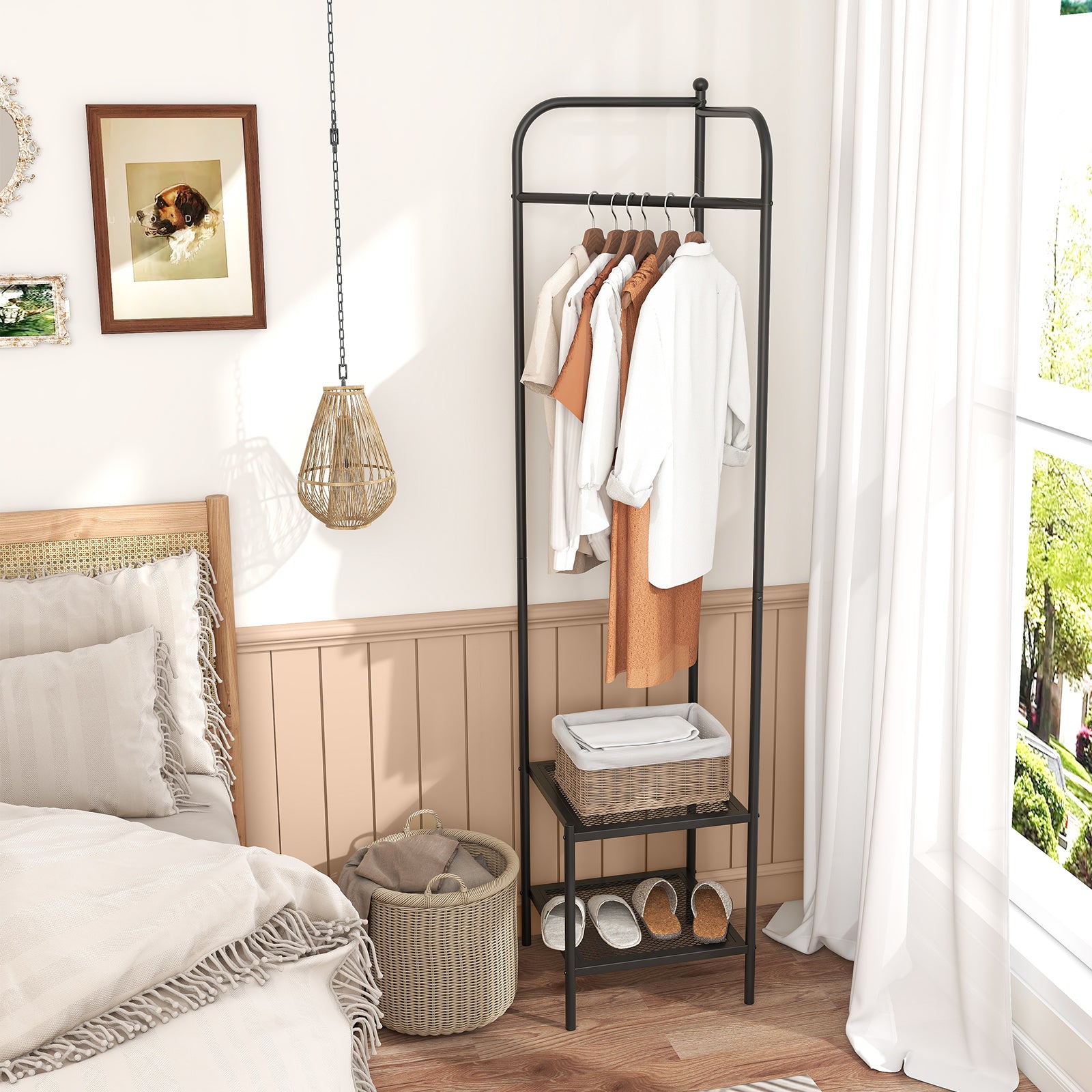 Corner Coat Rack with Shelves and Top Hanger-Black