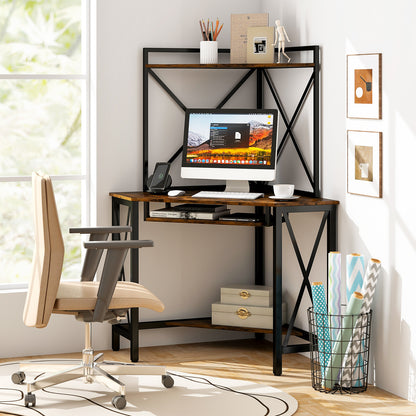 Corner Computer Desk with Hutch Storage Shelves and Keyboard Tray-Rustic Brown