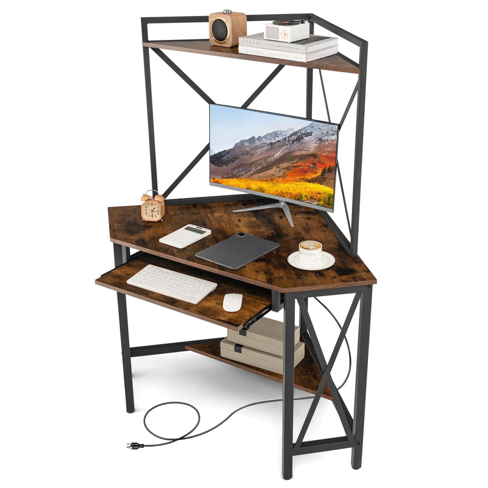 Corner Computer Desk with Hutch Storage Shelves and Keyboard Tray-Rustic Brown