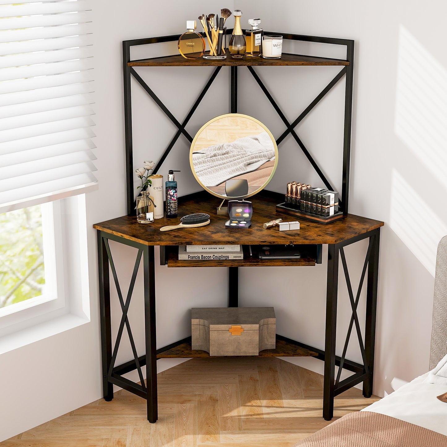 Corner Computer Desk with Hutch Storage Shelves and Keyboard Tray-Rustic Brown
