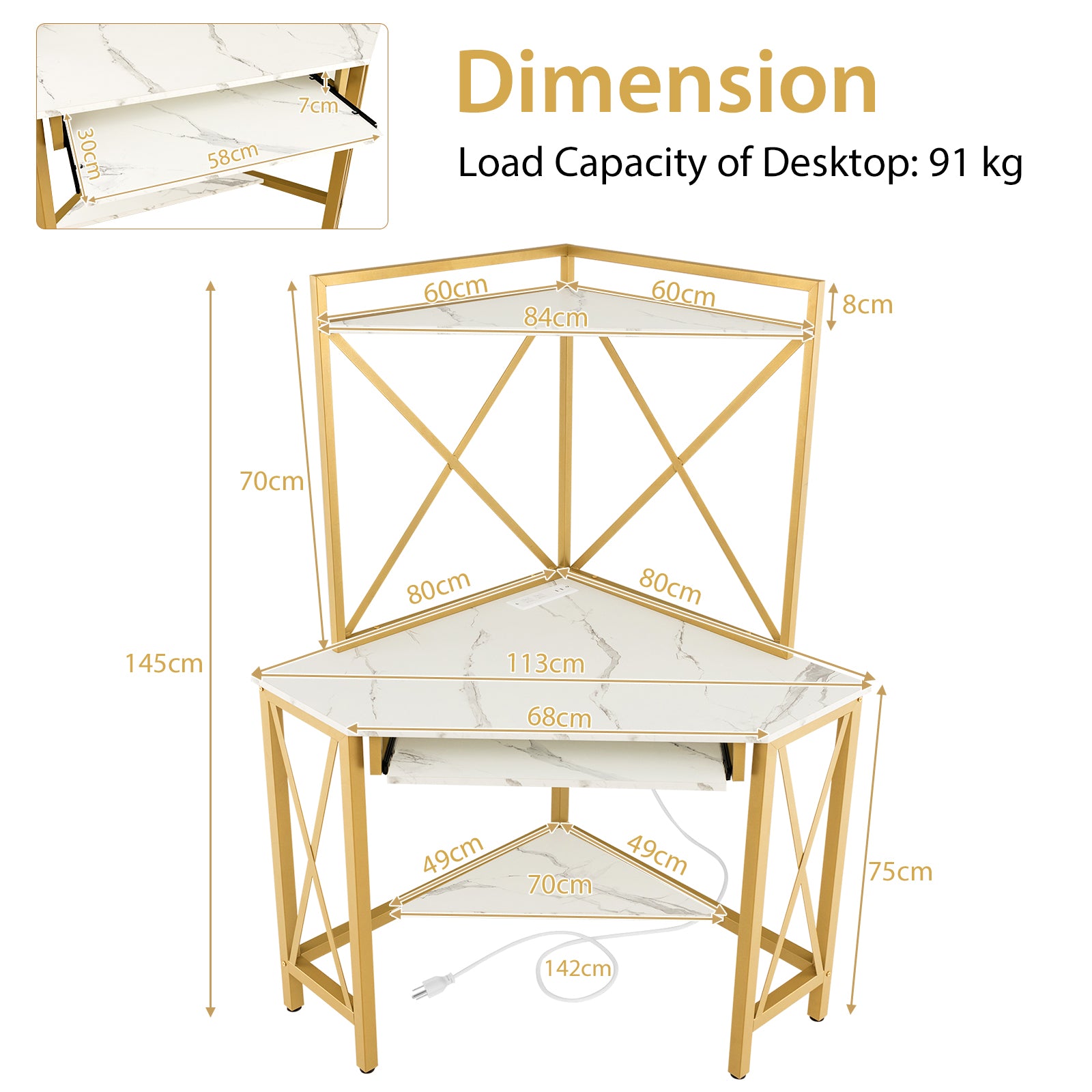 Corner Computer Desk with Hutch Storage Shelves and Keyboard Tray-White