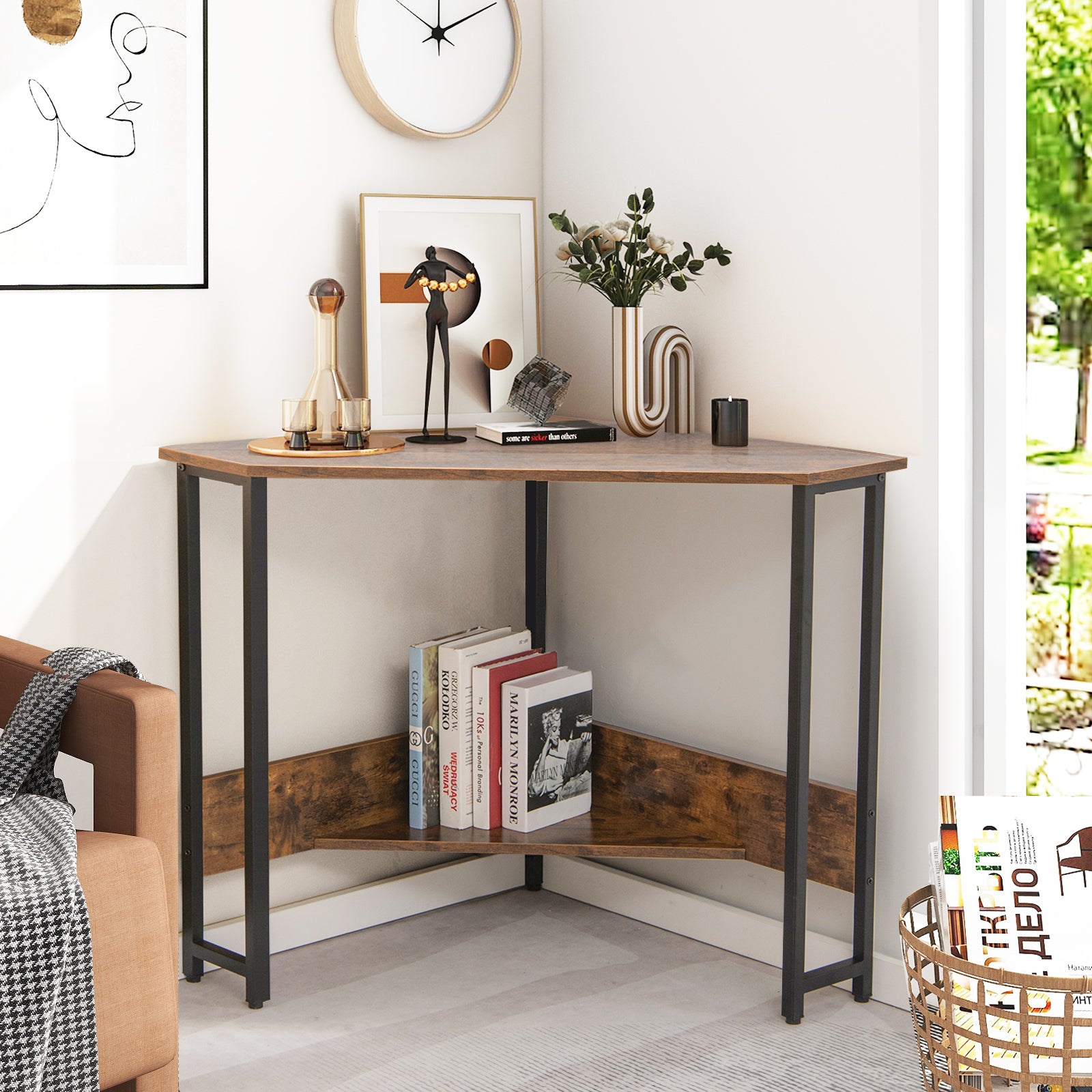 Corner Desk 90-degree Triangle Computer Desk with Power Outlet-Rustic Brown