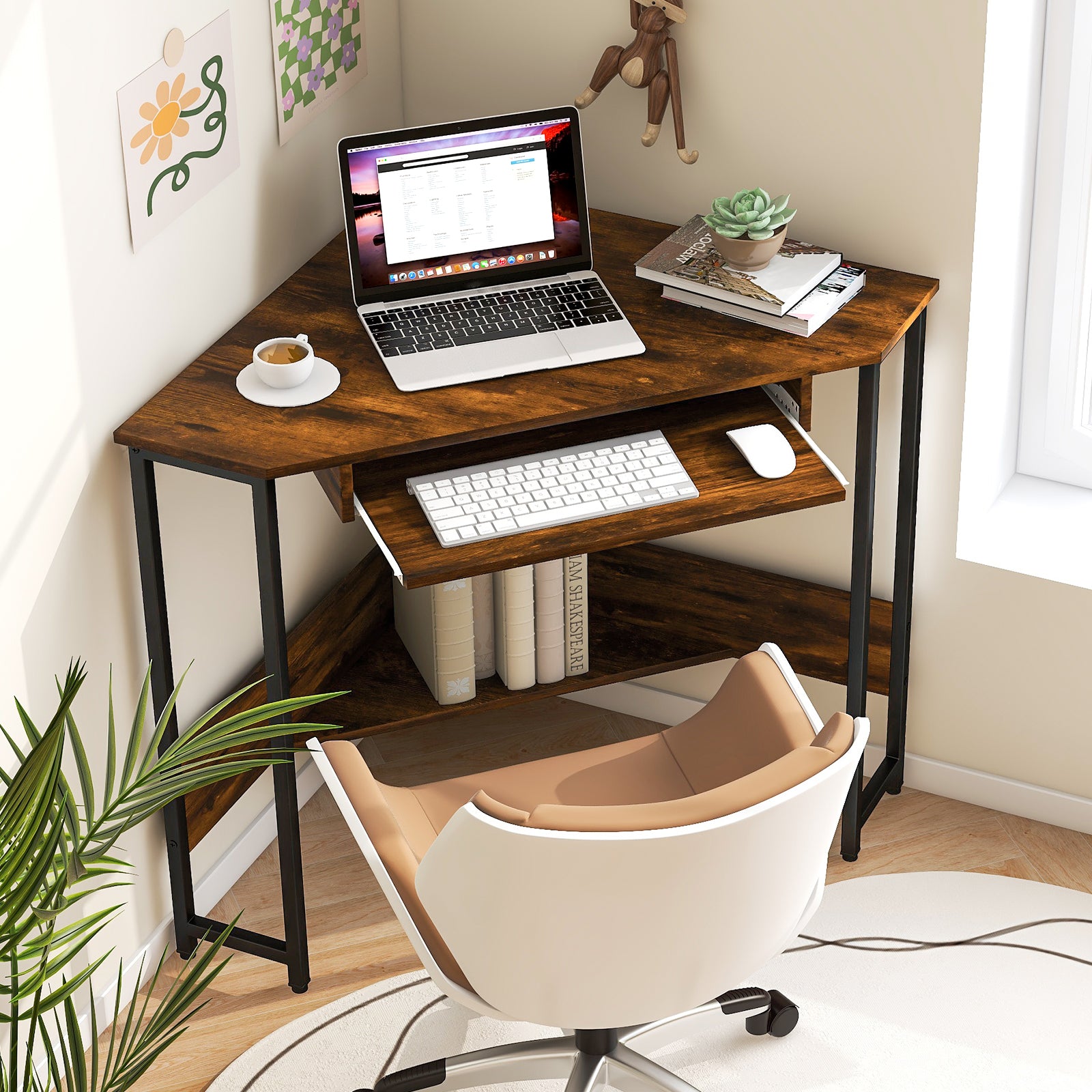 Corner Desk with Power Outlets Small Computer Desk-Rustic Brown