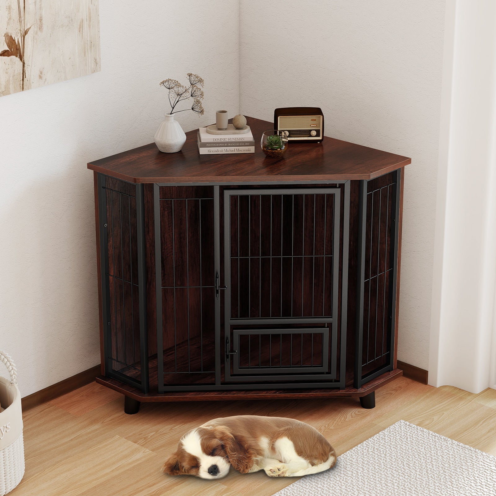 Corner Dog Crate Metal Frame Dog Cage with Feeding Door and Lockable Door