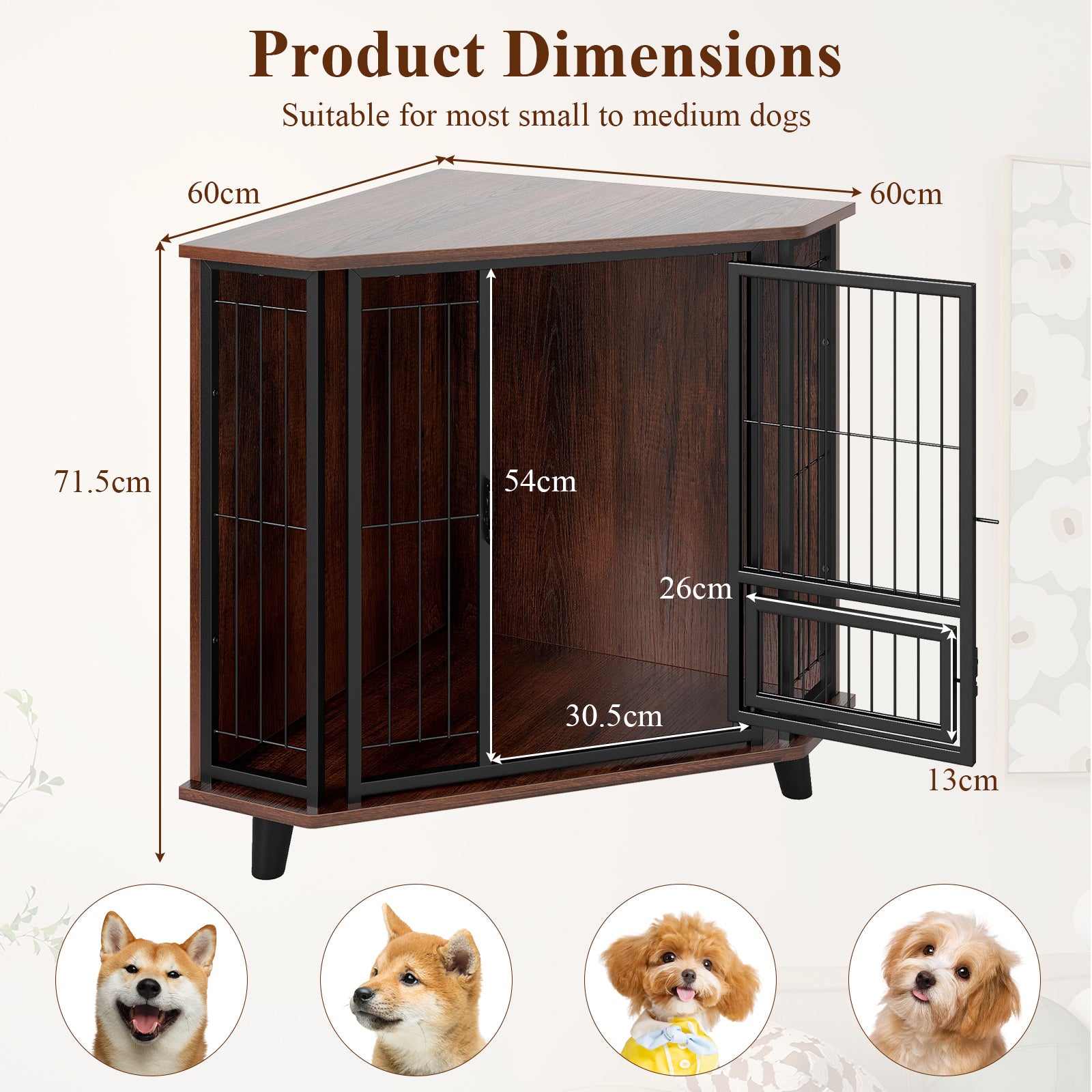 Corner Dog Crate Metal Frame Dog Cage with Feeding Door and Lockable Door