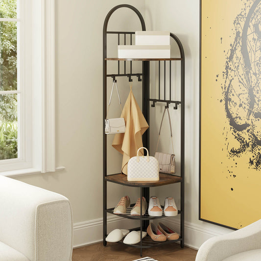 Corner Hall Tree 4-Tier Coat Rack with Storage Bench and Hooks-Rustic Brown