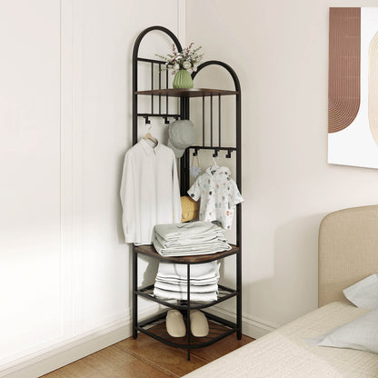 Corner Hall Tree 4-Tier Coat Rack with Storage Bench and Hooks-Rustic Brown