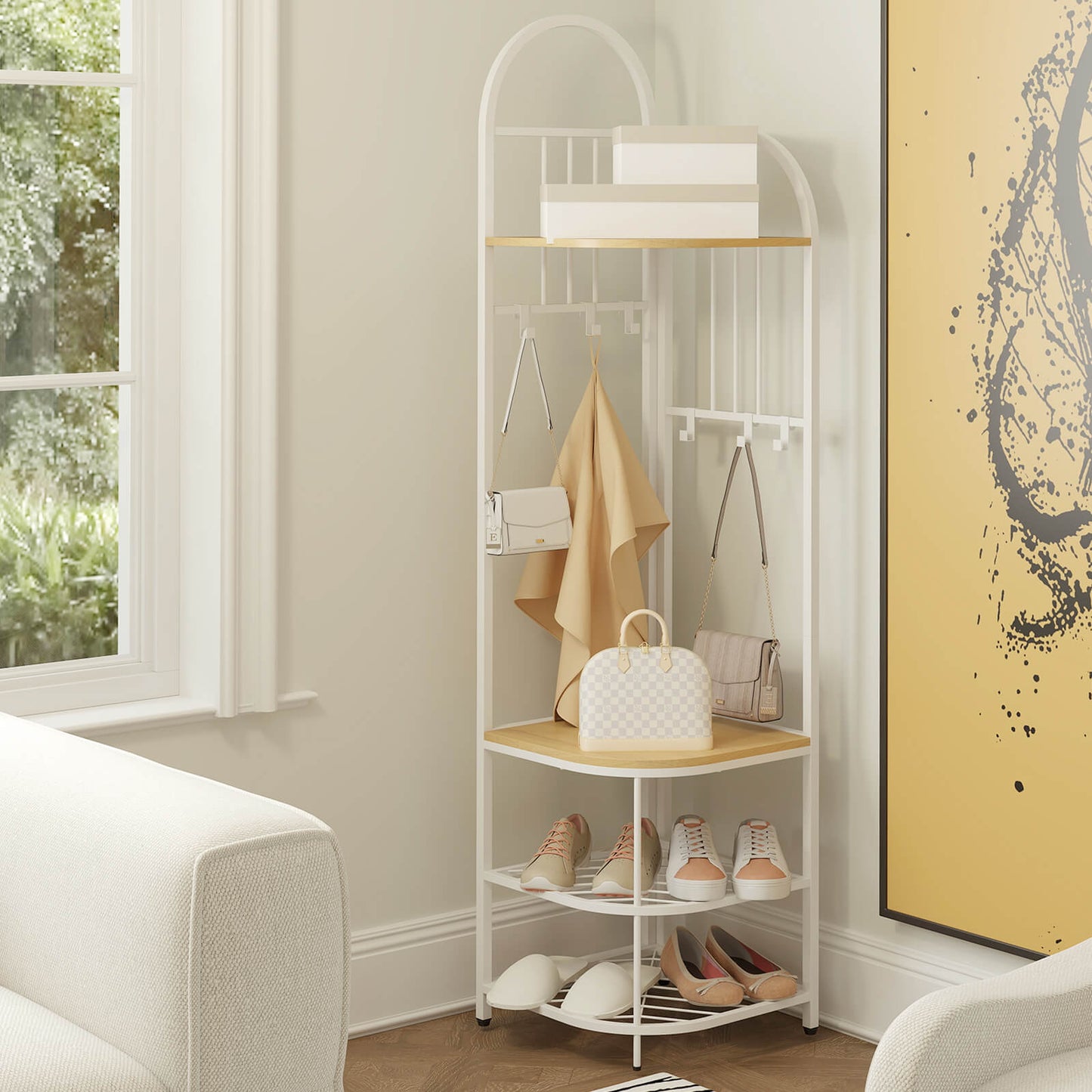 Corner Hall Tree 4-Tier Coat Rack with Storage Bench and Hooks-Natural
