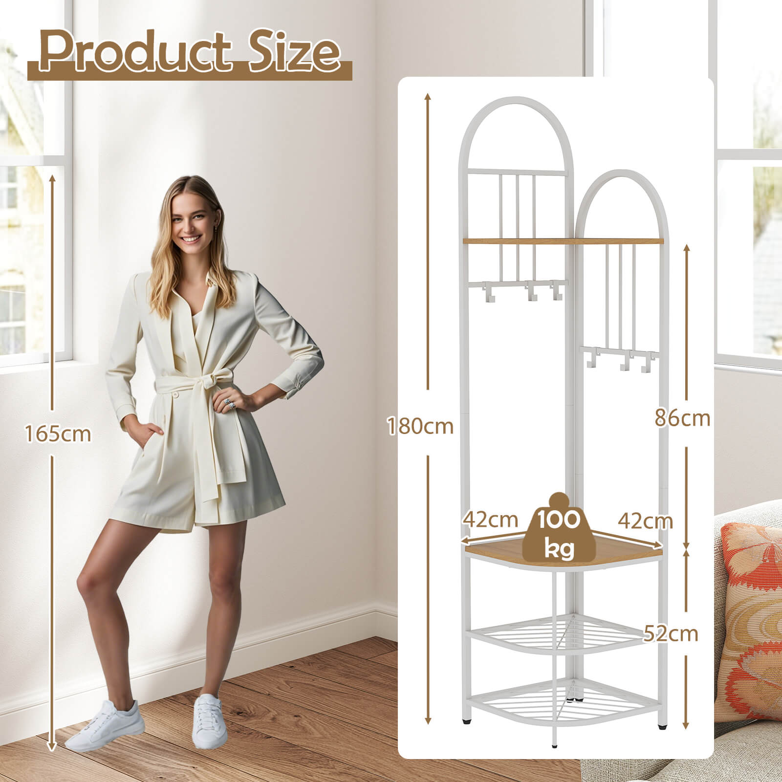 Corner Hall Tree 4-Tier Coat Rack with Storage Bench and Hooks-Natural
