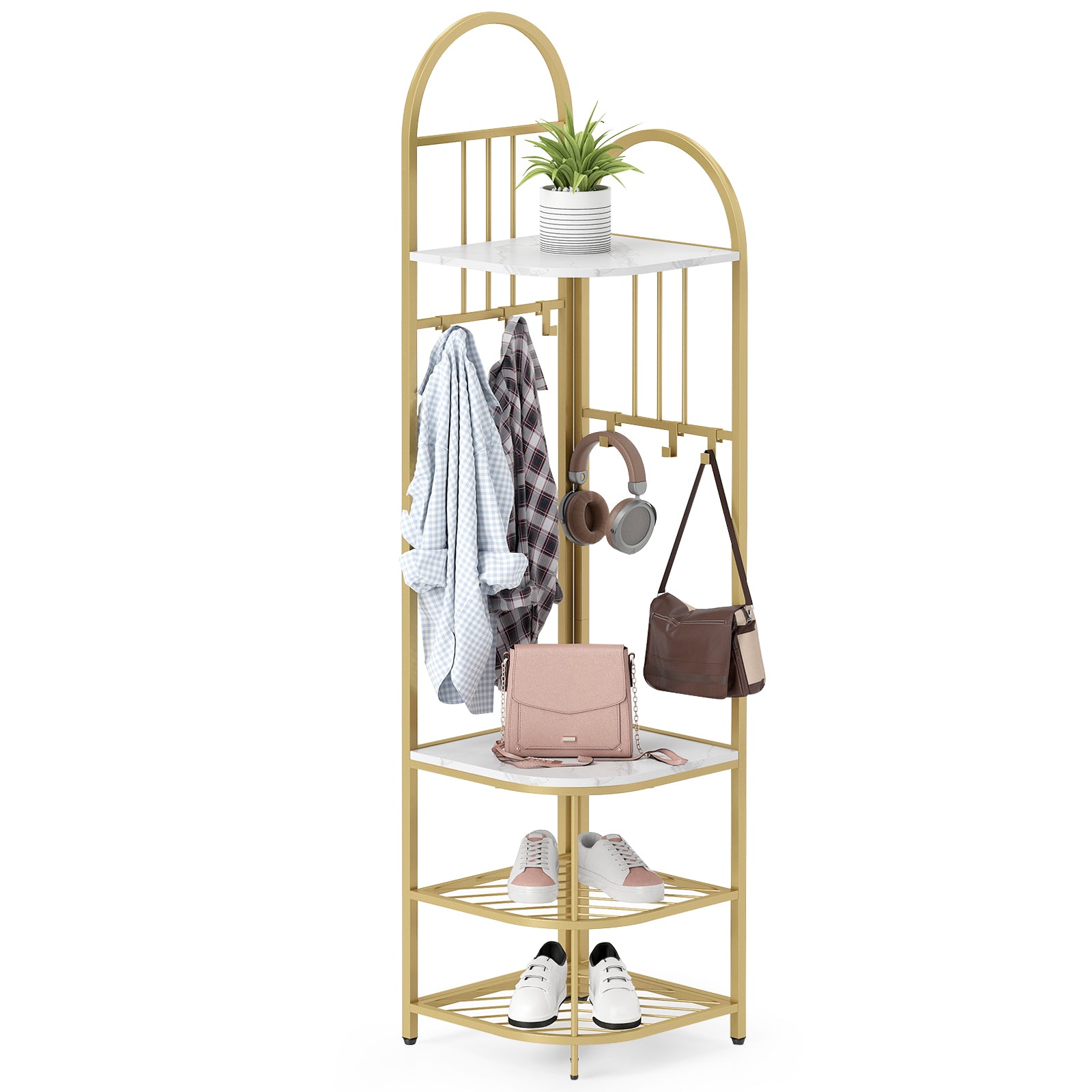 Corner Hall Tree 4-Tier Coat Rack with Storage Bench and Hooks-White and Golden