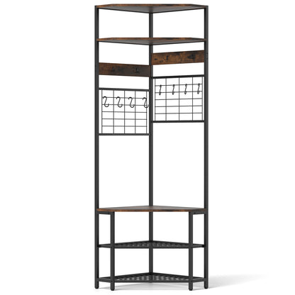 Corner Hall Tree 5-Tier Coat Rack with Shoe Storage Bench-Rustic Brown