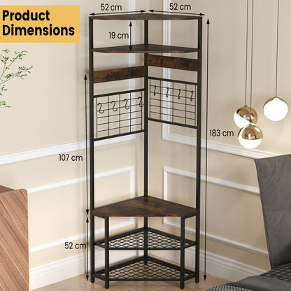 Corner Hall Tree 5-Tier Coat Rack with Shoe Storage Bench-Rustic Brown