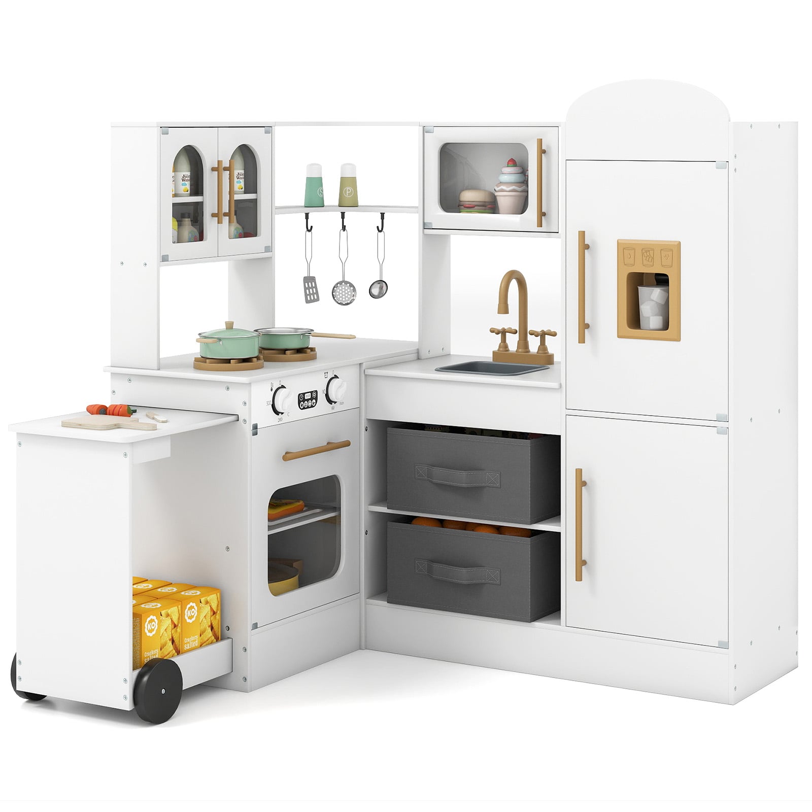 Corner Kitchen Playset Kids Pretend Play Kitchen with Pull-out Cart Fabric Bins-White