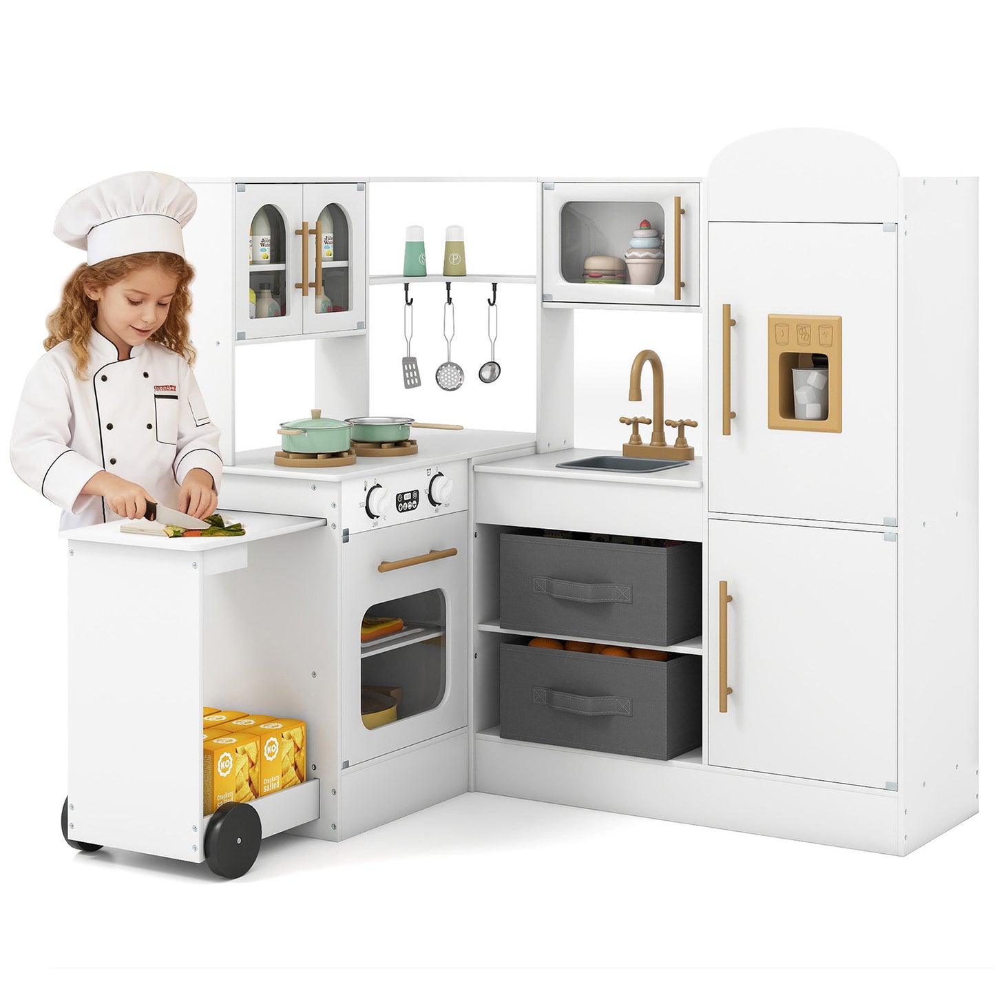 Corner Kitchen Playset Kids Pretend Play Kitchen with Pull-out Cart Fabric Bins-White