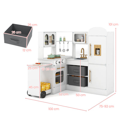 Corner Kitchen Playset Kids Pretend Play Kitchen with Pull-out Cart Fabric Bins-White
