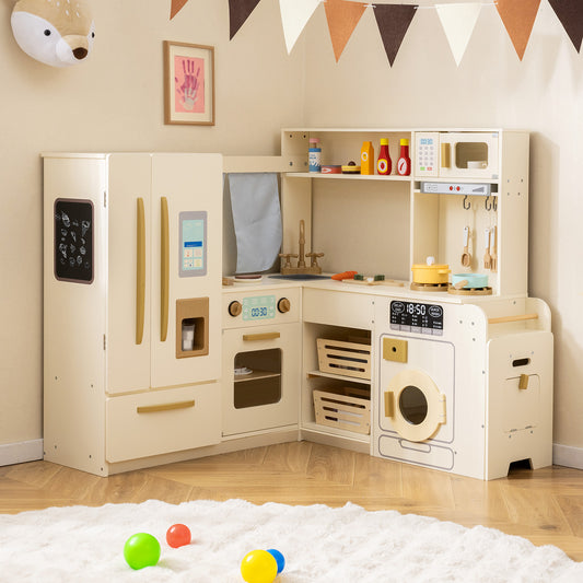Corner Kitchen Playset with Large Fridge for Toddlers 3+ Years Old-Beige