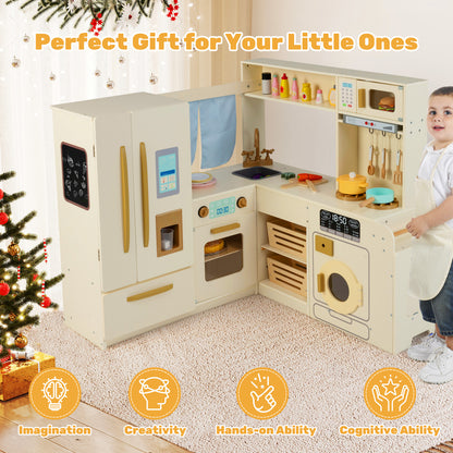 Corner Kitchen Playset with Large Fridge for Toddlers 3+ Years Old-Beige
