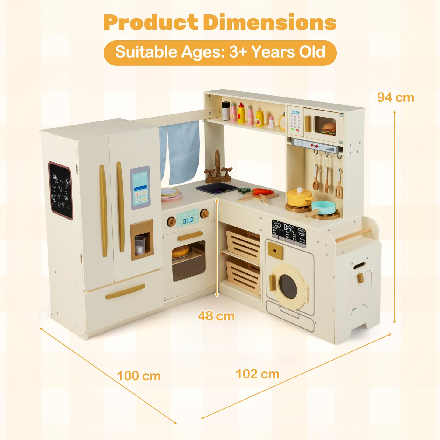 Corner Kitchen Playset with Large Fridge for Toddlers 3+ Years Old-Beige