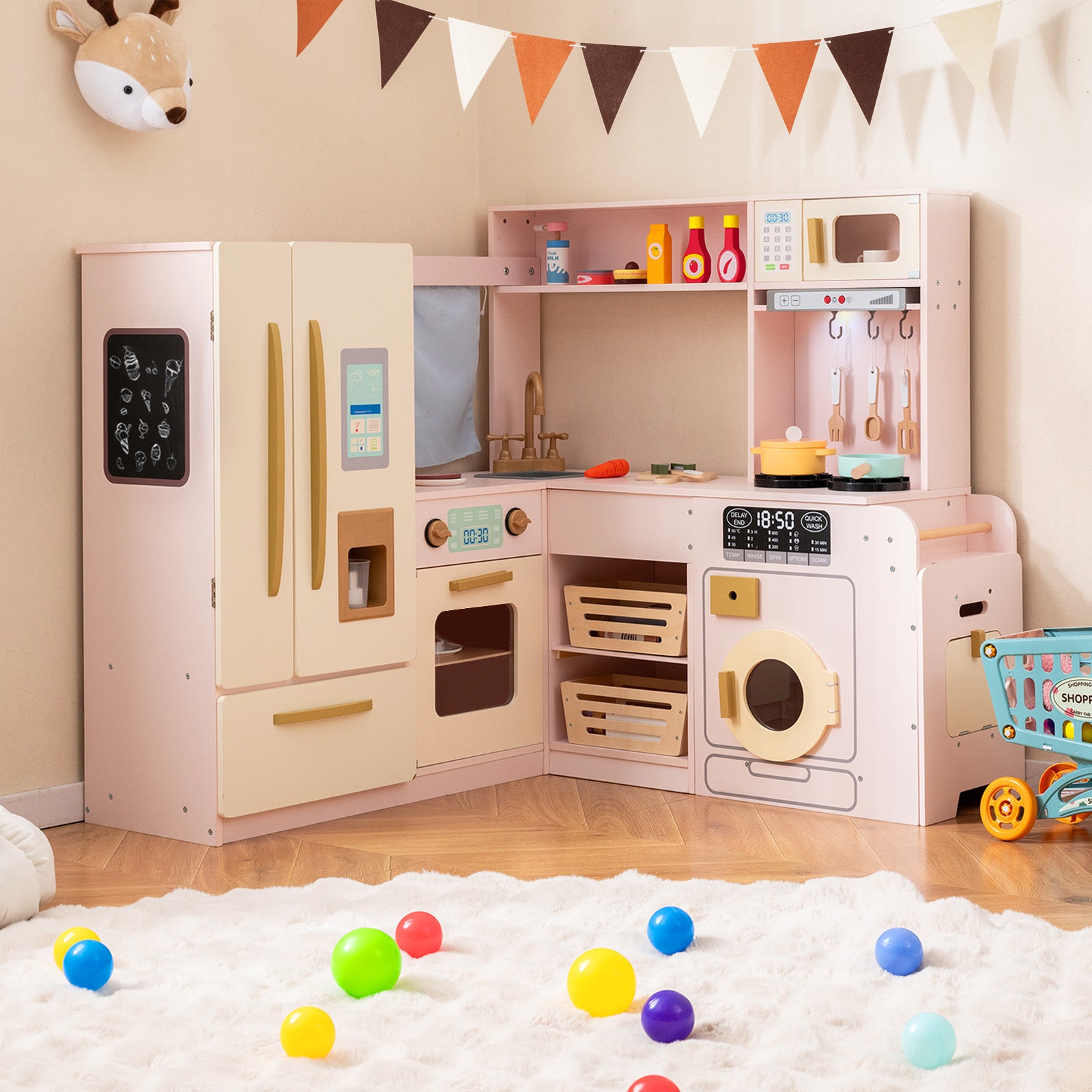 Corner Kitchen Playset with Large Fridge for Toddlers 3+ Years Old-Pink