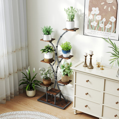 146CM Tall 8-Tier Corner Metal Plant Shelf for Multiple Plants-Rustic Brown