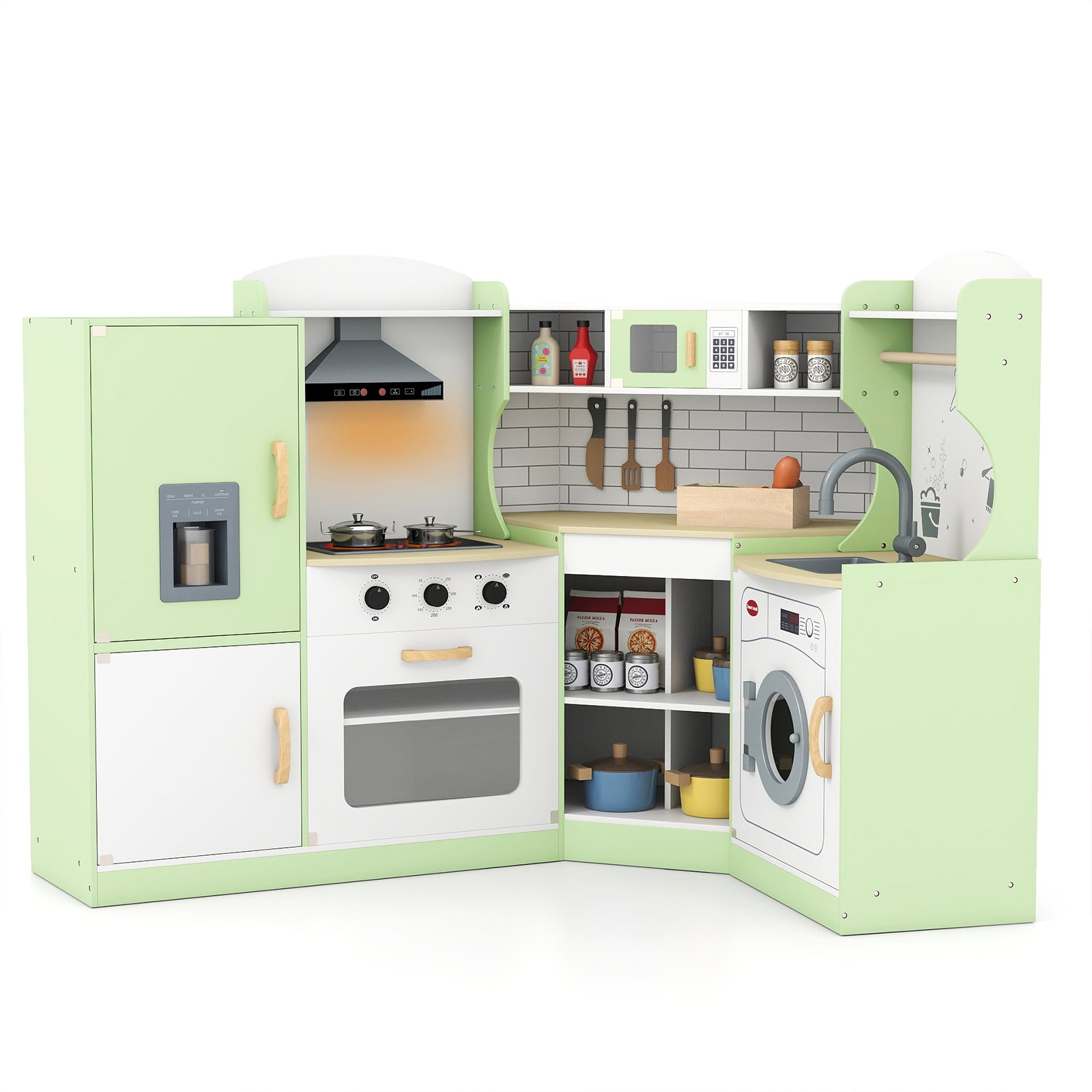 Wooden Corner Play Kitchen with Sounds and Lights-Green