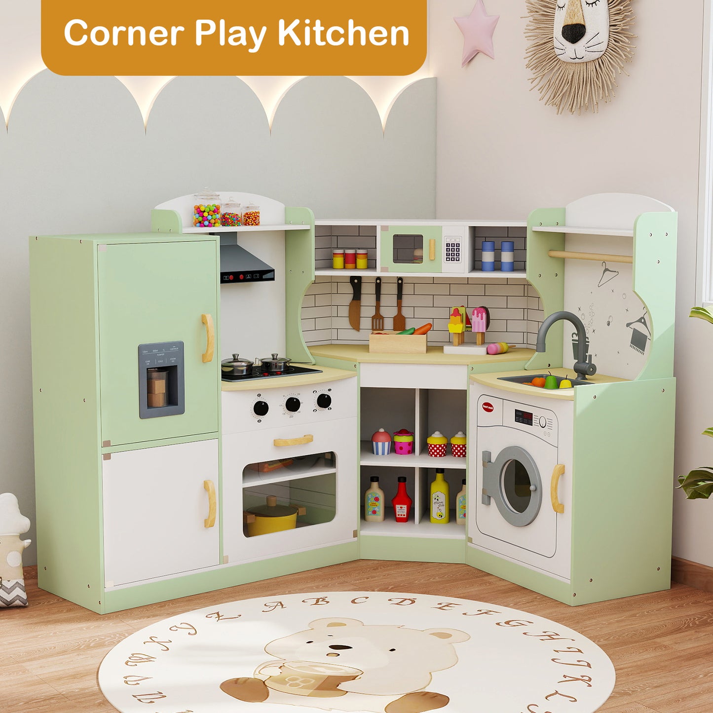 Wooden Corner Play Kitchen with Sounds and Lights-Green