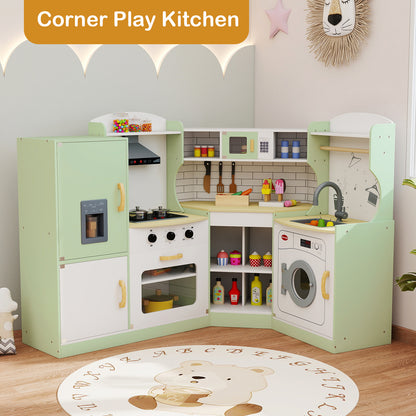 Wooden Corner Play Kitchen with Sounds and Lights-Green