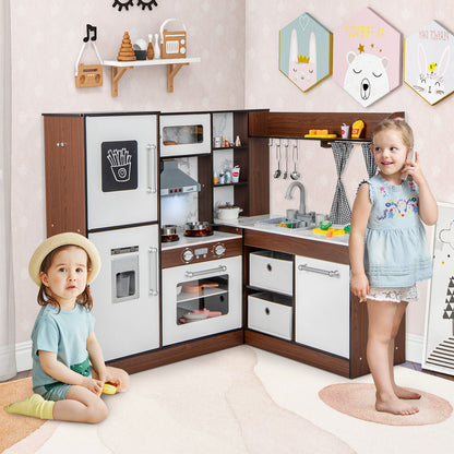 Kids Wooden Corner Play Kitchen with Lighted Range Hood and Stoves-Brown