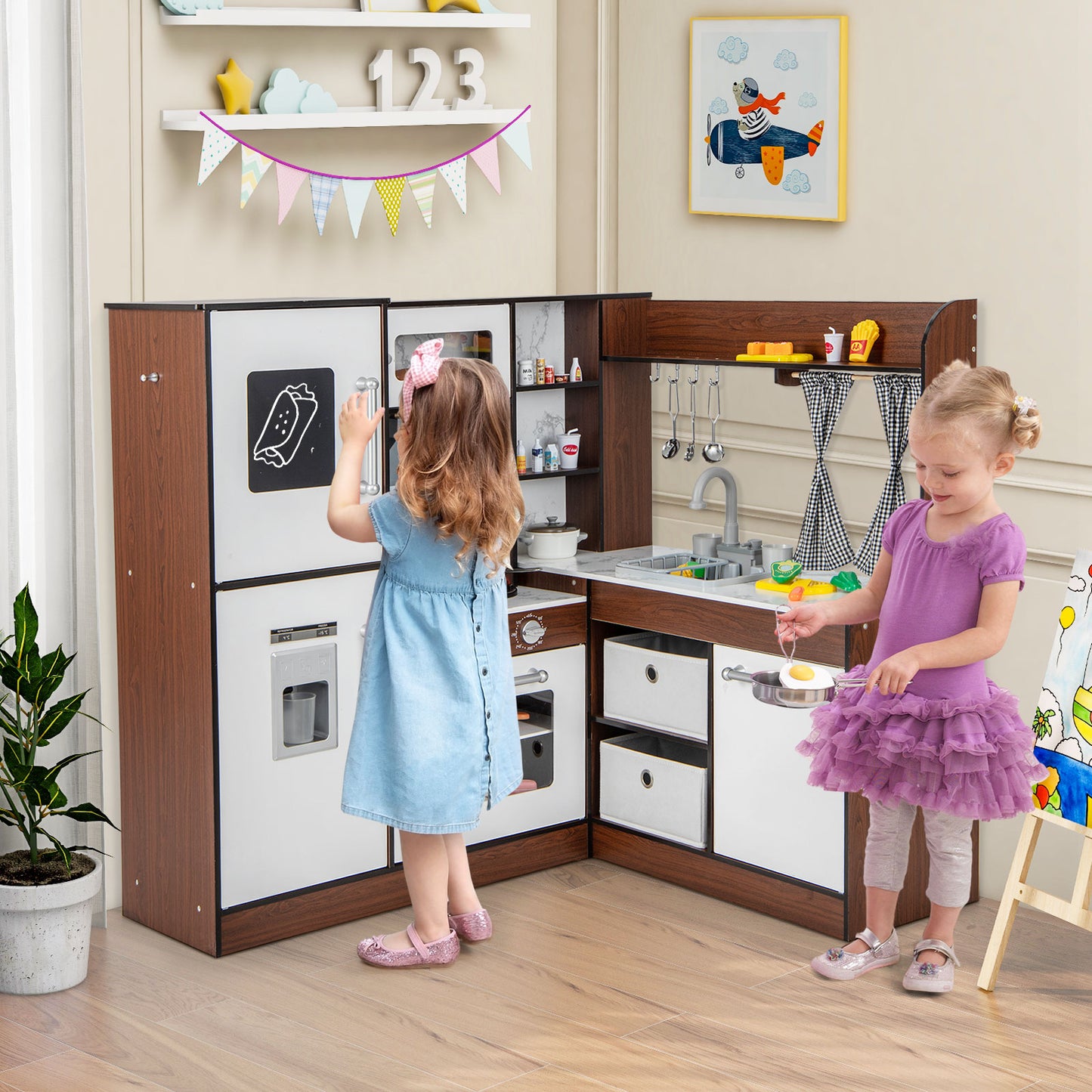 Kids Wooden Corner Play Kitchen with Lighted Range Hood and Stoves-Brown