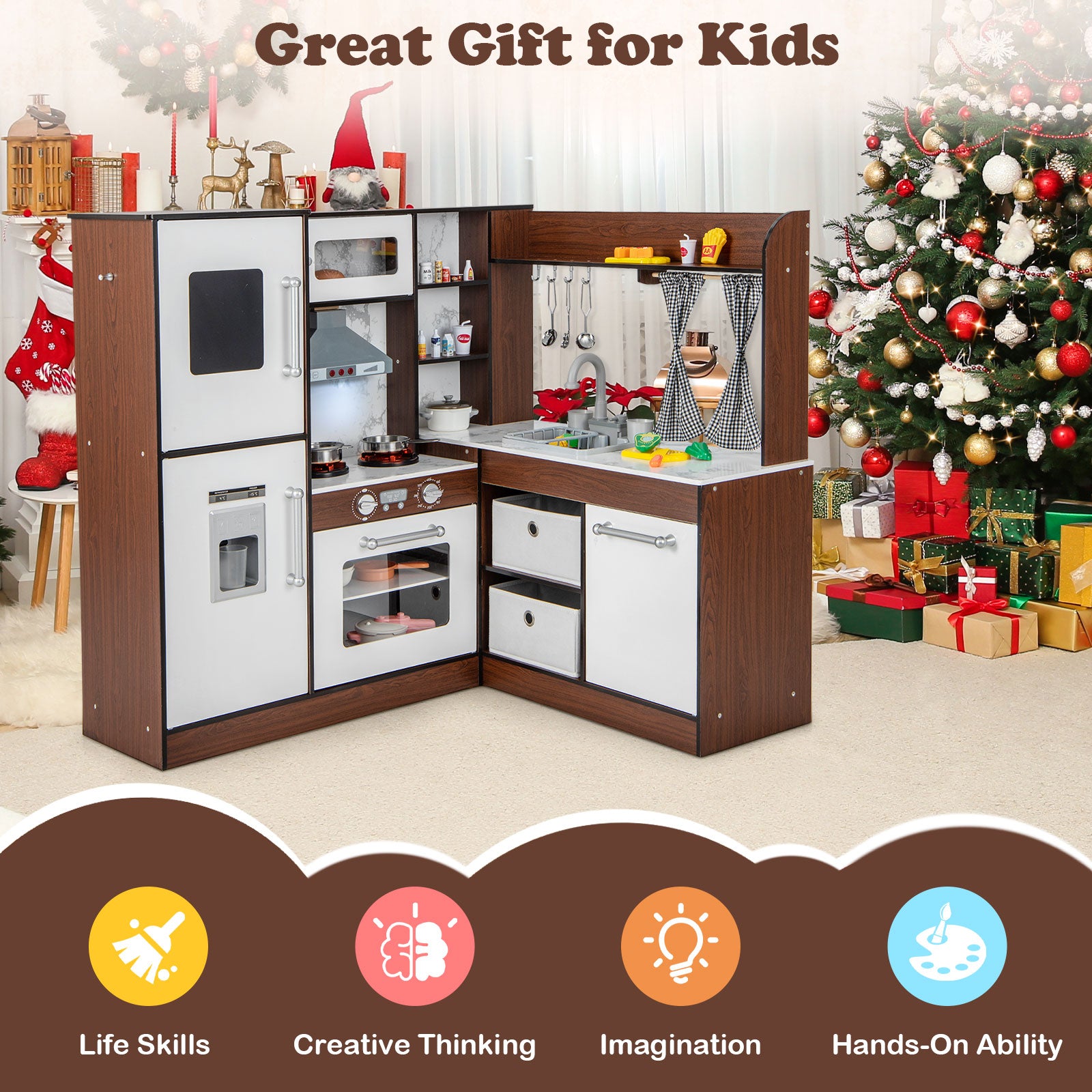 Kids Wooden Corner Play Kitchen with Lighted Range Hood and Stoves-Brown