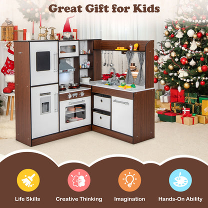 Kids Wooden Corner Play Kitchen with Lighted Range Hood and Stoves-Brown
