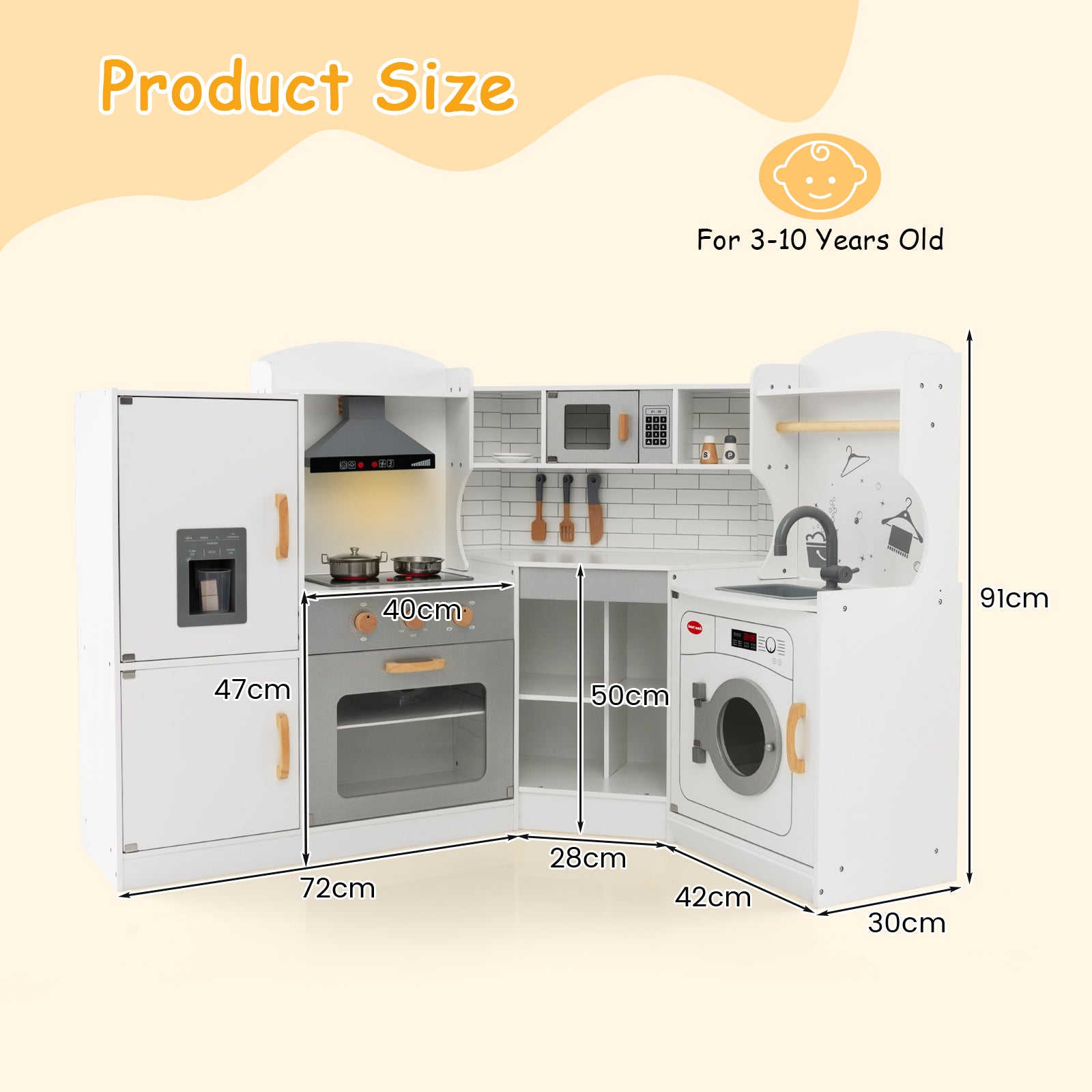 Wooden Corner Play Kitchen with Sounds and Lights for Kids