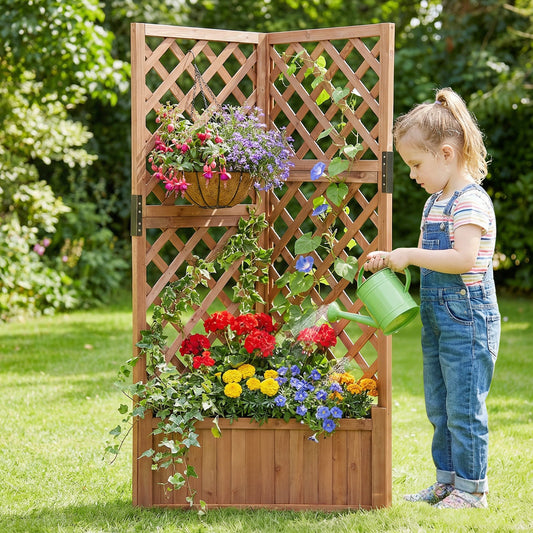 Corner Raised Garden Bed with Lattice Trellises Drainage Holes-Brown