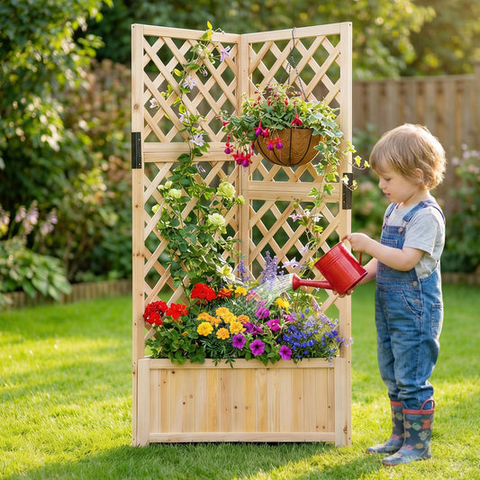 Corner Raised Garden Bed with Lattice Trellises Drainage Holes-Natural