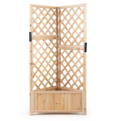 Corner Raised Garden Bed with Lattice Trellises Drainage Holes-Natural