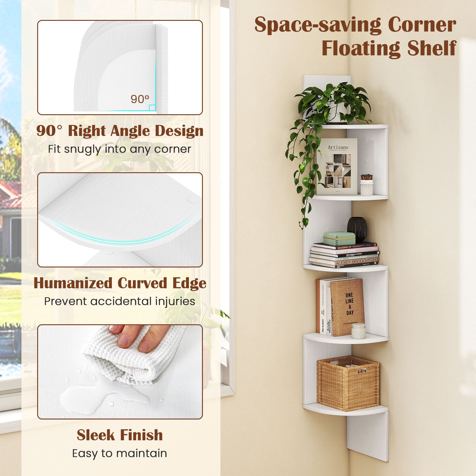 5-Tier Corner Shelf Wall Mount Floating Corner Bookshelf Corner Ladder Shelf-White